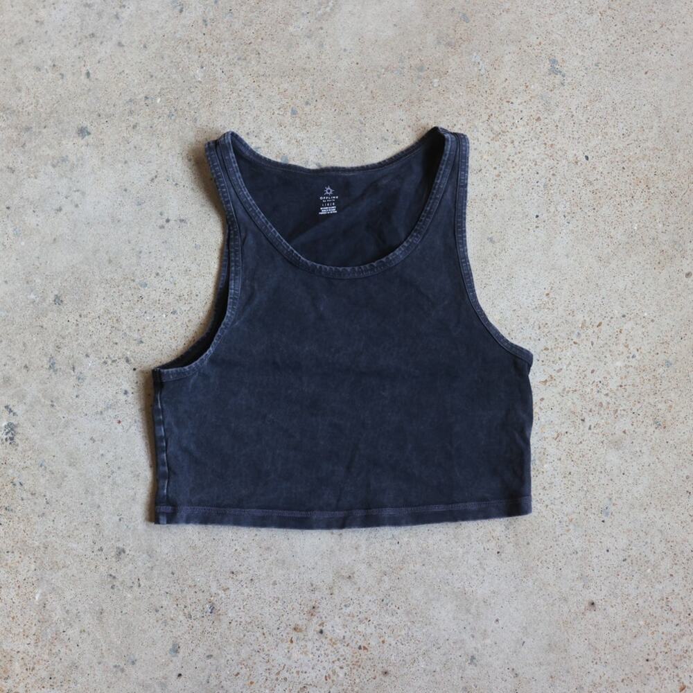 OFFLINE by Aerie Y2K Black Acid Wash Cropped Racerback Tank L